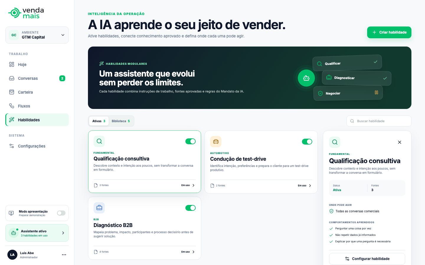 Biblioteca de habilidades modulares do assistente comercial com IA